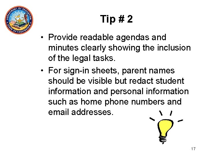 Tip # 2 • Provide readable agendas and minutes clearly showing the inclusion of