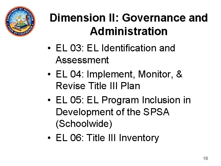 Dimension II: Governance and Administration • EL 03: EL Identification and Assessment • EL