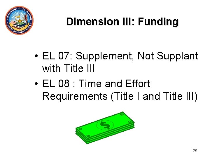 Dimension III: Funding • EL 07: Supplement, Not Supplant with Title III • EL
