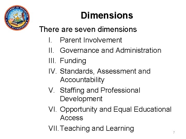 Dimensions There are seven dimensions I. III. IV. Parent Involvement Governance and Administration Funding