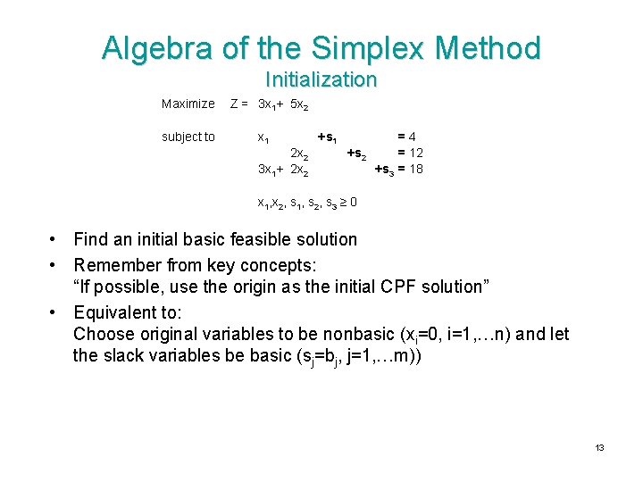 Algebra of the Simplex Method Initialization Maximize subject to Z = 3 x 1+
