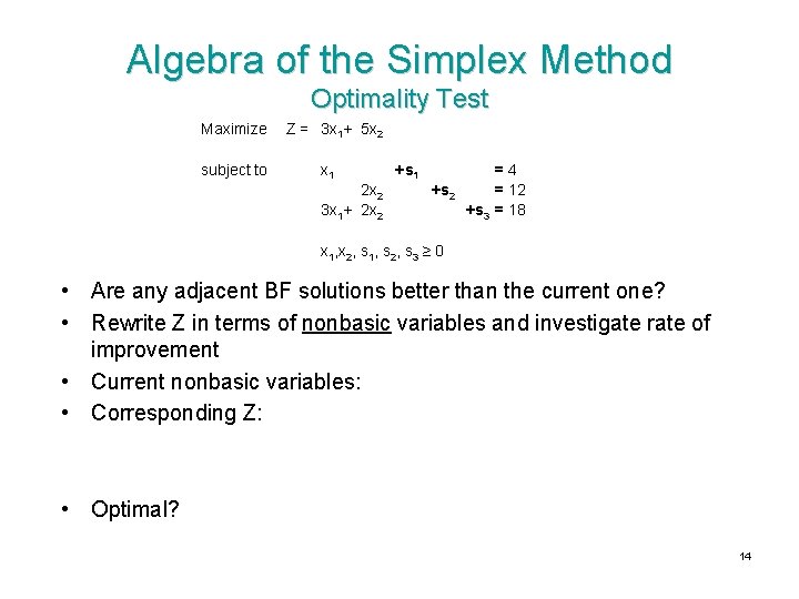 Algebra of the Simplex Method Optimality Test Maximize subject to Z = 3 x