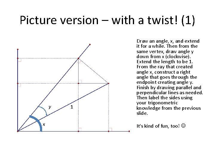 Picture version – with a twist! (1) y x 1 Draw an angle, x, Picture version – with a twist! (1) y x 1 Draw an angle, x,