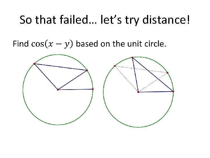So that failed… let’s try distance! • So that failed… let’s try distance! •