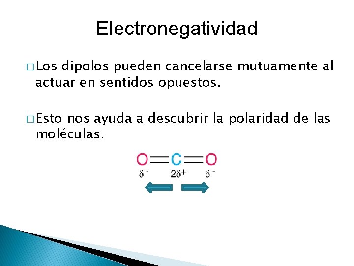 Electronegatividad � Los dipolos pueden cancelarse mutuamente al actuar en sentidos opuestos. � Esto Electronegatividad � Los dipolos pueden cancelarse mutuamente al actuar en sentidos opuestos. � Esto