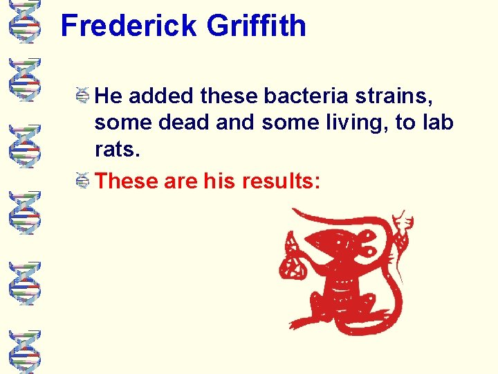 Frederick Griffith He added these bacteria strains, some dead and some living, to lab