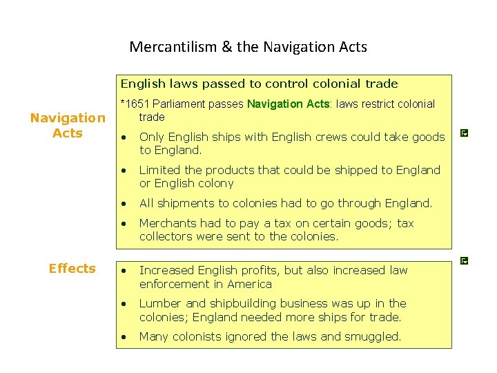 Mercantilism & the Navigation Acts English laws passed to control colonial trade Navigation Acts Mercantilism & the Navigation Acts English laws passed to control colonial trade Navigation Acts