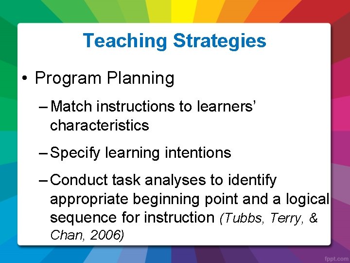 Teaching Strategies • Program Planning – Match instructions to learners’ characteristics – Specify learning