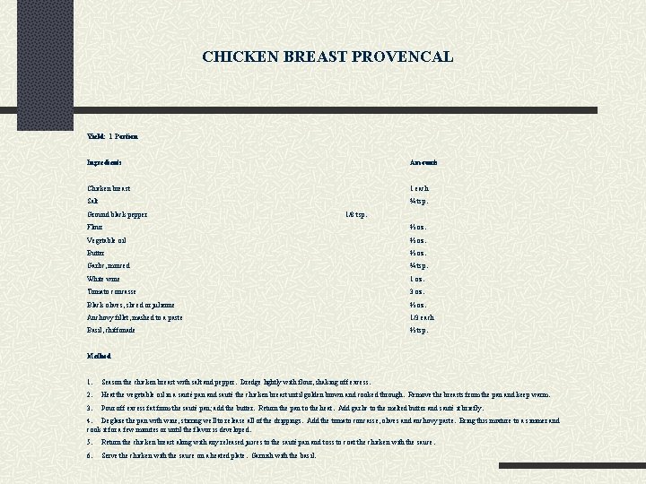 CHICKEN BREAST PROVENCAL Yield: 1 Portion Ingredients Amounts Chicken breast 1 each Salt ¼ CHICKEN BREAST PROVENCAL Yield: 1 Portion Ingredients Amounts Chicken breast 1 each Salt ¼
