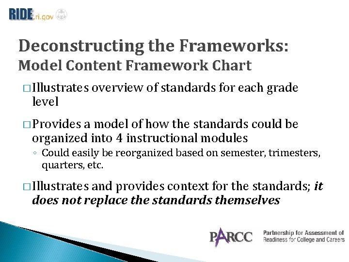 Deconstructing the Frameworks: Model Content Framework Chart � Illustrates level overview of standards for