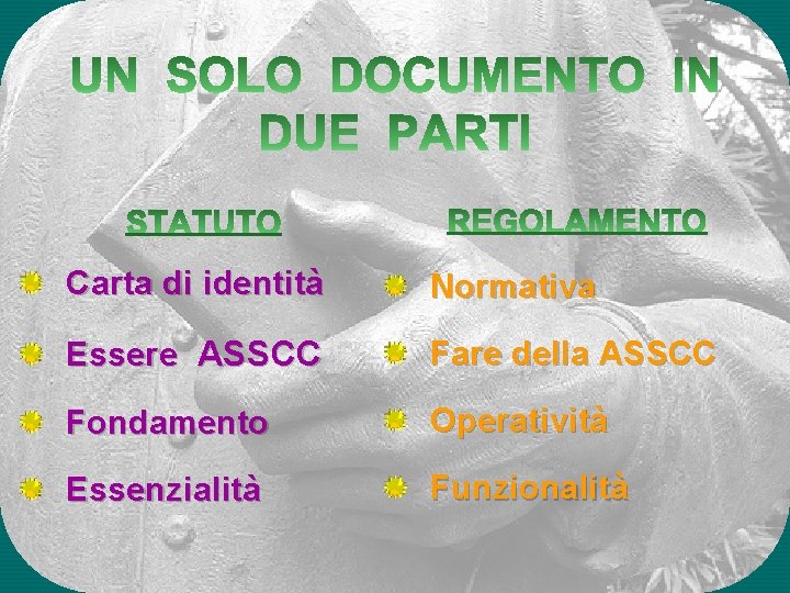 Carta di identità Normativa Essere ASSCC Fare della ASSCC Fondamento Operatività Essenzialità Funzionalità 