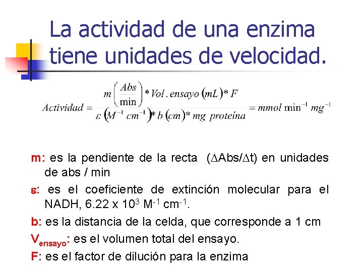 La actividad de una enzima tiene unidades de velocidad. m: es la pendiente de