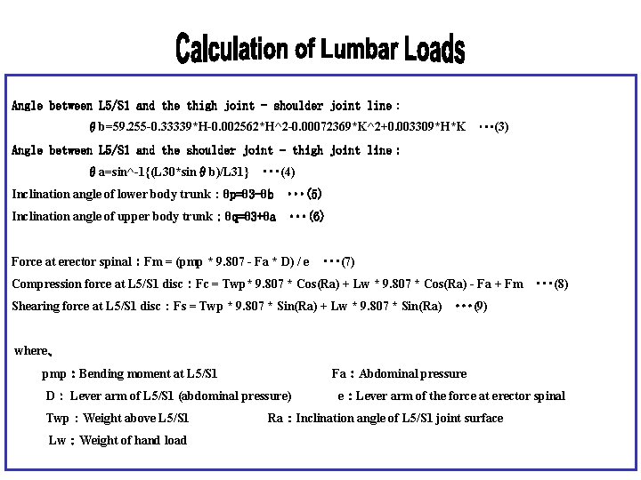 Angle between L 5/S 1 and the thigh joint - shoulder joint line： 　　　　　　θb=59.