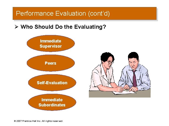 Performance Evaluation (cont’d) Ø Who Should Do the Evaluating? Immediate Supervisor Peers Self-Evaluation Immediate