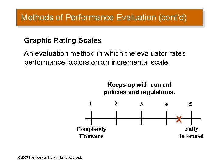 Methods of Performance Evaluation (cont’d) Graphic Rating Scales An evaluation method in which the Methods of Performance Evaluation (cont’d) Graphic Rating Scales An evaluation method in which the