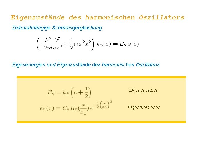 Eigenzustände des harmonischen Oszillators Zeitunabhängige Schrödingergleichung Eigenenergien und Eigenzustände des harmonischen Oszillators Eigenenergien Eigenfunktionen