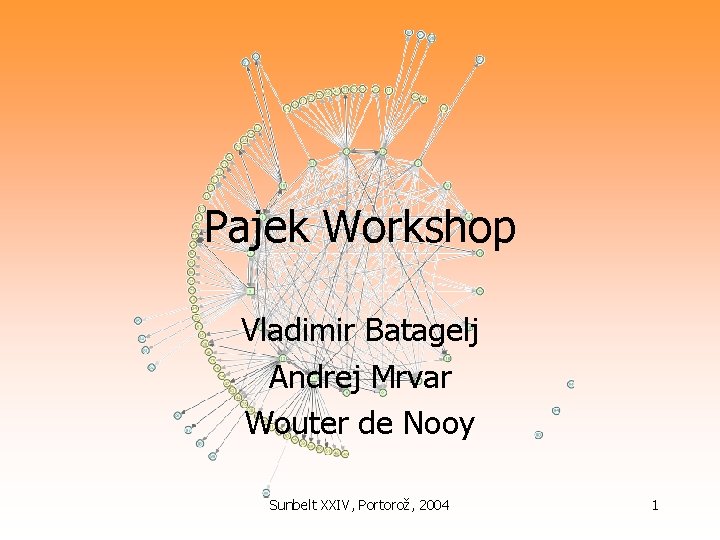 Pajek Workshop Vladimir Batagelj Andrej Mrvar Wouter de Nooy Sunbelt XXIV, Portorož, 2004 1