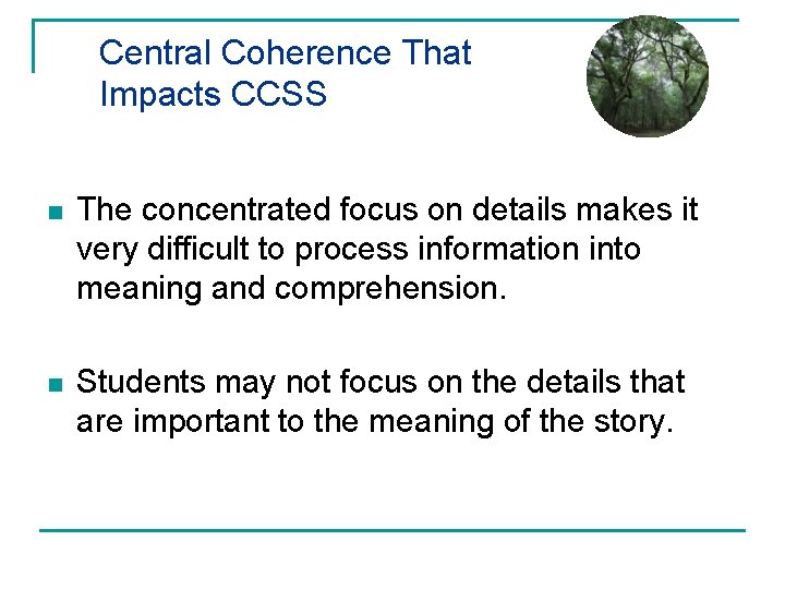 Central Coherence That Impacts CCSS n The concentrated focus on details makes it very