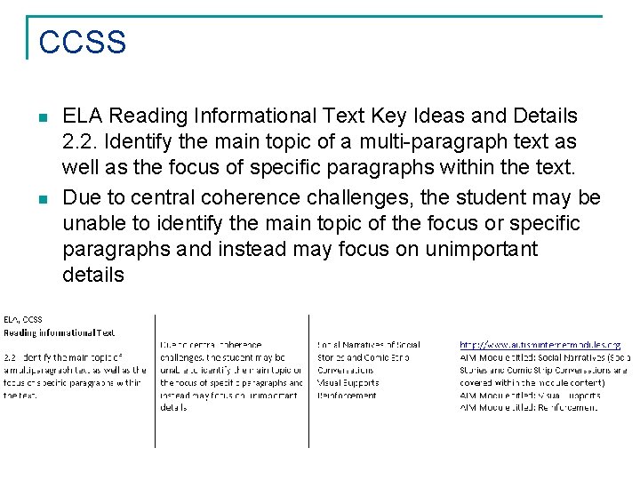 CCSS n n ELA Reading Informational Text Key Ideas and Details 2. 2. Identify
