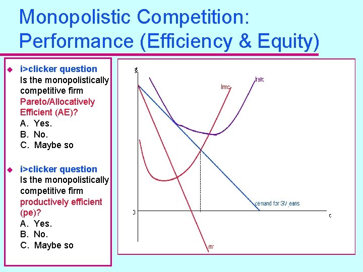 Monopolistic Competition: Performance (Efficiency & Equity) u i>clicker question Is the monopolistically competitive firm