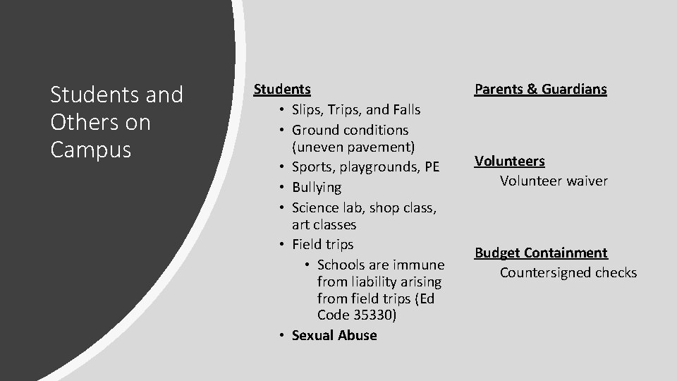 Students and Others on Campus Students • Slips, Trips, and Falls • Ground conditions