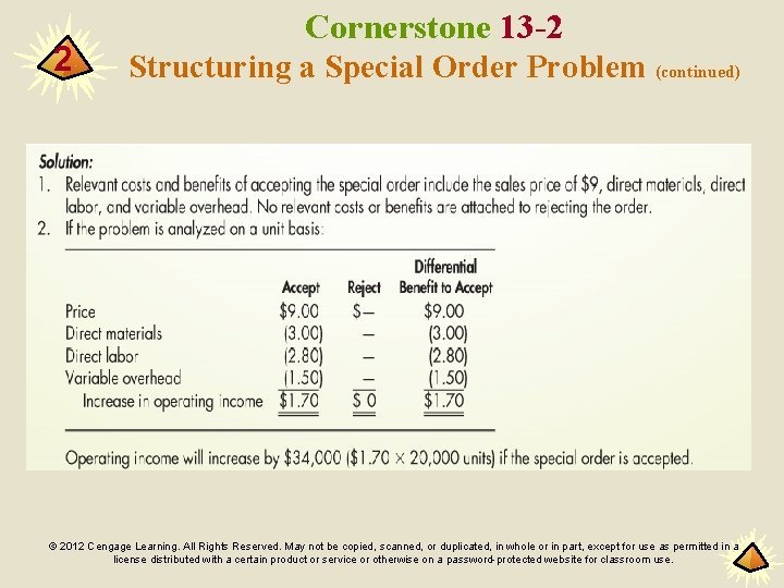 2 Cornerstone 13 -2 Structuring a Special Order Problem (continued) © 2012 Cengage Learning.