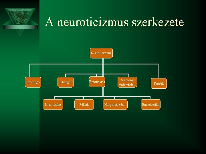 A neuroticizmus szerkezete Neuroticizmus Szorongó Bűntudatos Lehangolt Irracionális Félénk Alacsony önértékelés Hangulatember Feszült Emocionális