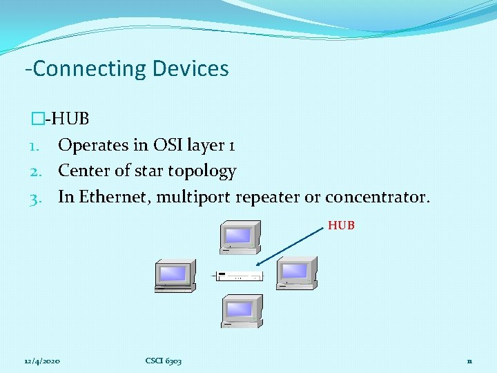 -Connecting Devices �-HUB 1. Operates in OSI layer 1 2. Center of star topology