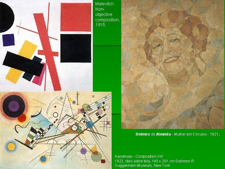 Malevitch. Nonobjective composition, 1915. Belmiro de Almeida - Mulher em Círculos - 1921. Kandinsky
