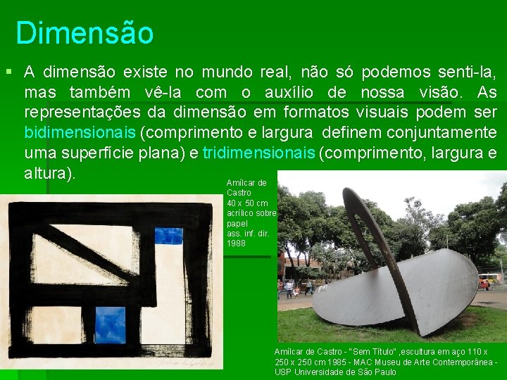 Dimensão § A dimensão existe no mundo real, não só podemos senti-la, mas também