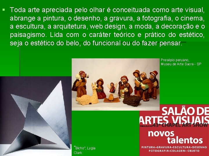 § Toda arte apreciada pelo olhar é conceituada como arte visual, abrange a pintura,