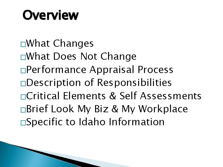 Overview �What Changes �What Does Not Change �Performance Appraisal Process �Description of Responsibilities �Critical Overview �What Changes �What Does Not Change �Performance Appraisal Process �Description of Responsibilities �Critical