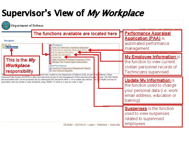 Supervisor’s View of My Workplace The functions available are located here This is the