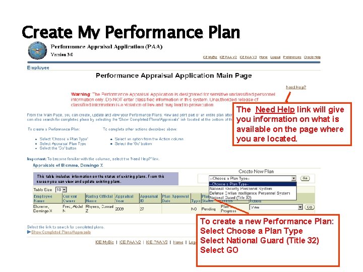 Create My Performance Plan The Need Help link will give you information on what