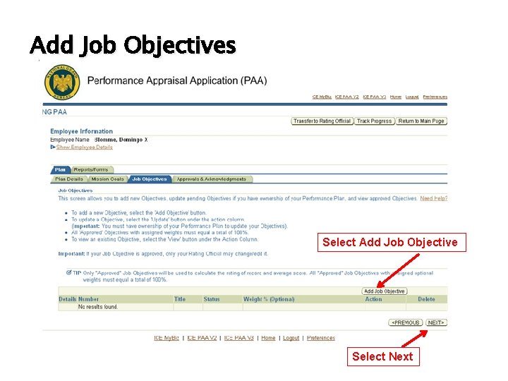 Add Job Objectives Select Add Job Objective Select Next Add Job Objectives Select Add Job Objective Select Next