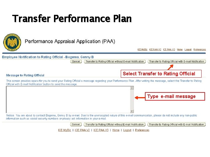 Transfer Performance Plan Select Transfer to Rating Official Type e-mail message 