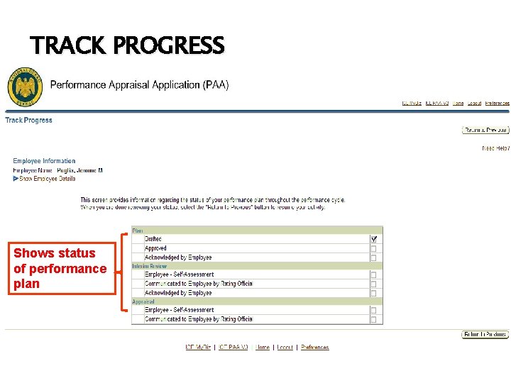 TRACK PROGRESS Shows status of performance plan 