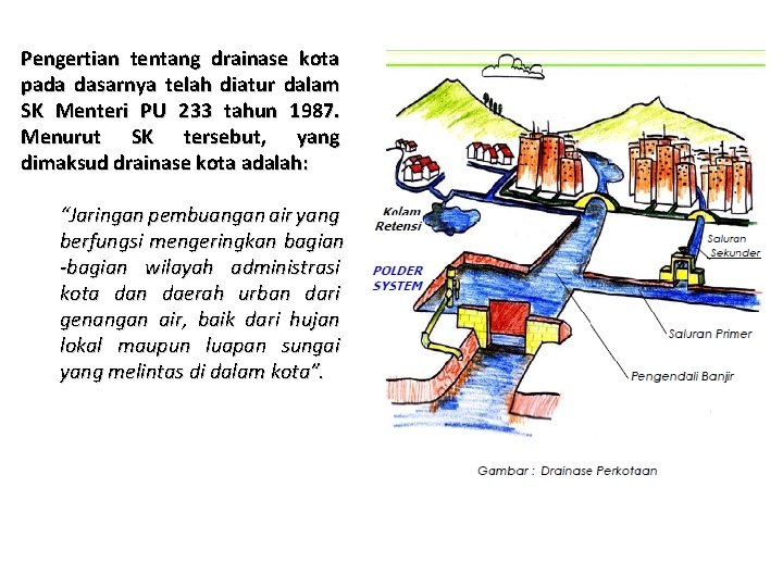 Pengertian tentang drainase kota pada dasarnya telah diatur dalam SK Menteri PU 233 tahun Pengertian tentang drainase kota pada dasarnya telah diatur dalam SK Menteri PU 233 tahun