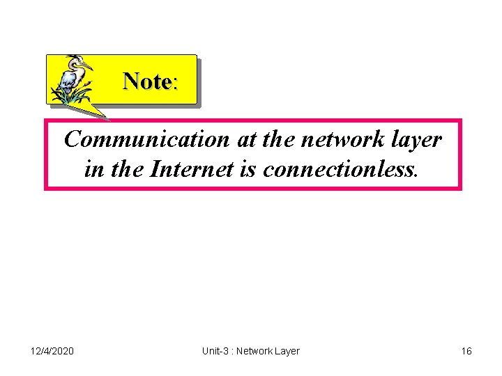 Note: Communication at the network layer in the Internet is connectionless. 12/4/2020 Unit-3 : Note: Communication at the network layer in the Internet is connectionless. 12/4/2020 Unit-3 :