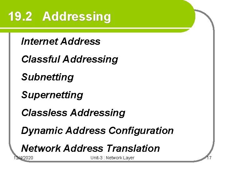 19. 2 Addressing Internet Address Classful Addressing Subnetting Supernetting Classless Addressing Dynamic Address Configuration 19. 2 Addressing Internet Address Classful Addressing Subnetting Supernetting Classless Addressing Dynamic Address Configuration