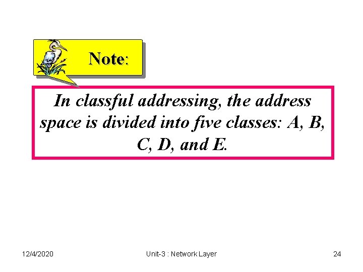 Note: In classful addressing, the address space is divided into five classes: A, B, Note: In classful addressing, the address space is divided into five classes: A, B,