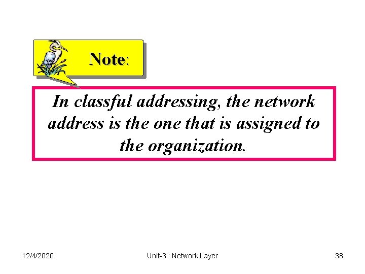 Note: In classful addressing, the network address is the one that is assigned to Note: In classful addressing, the network address is the one that is assigned to