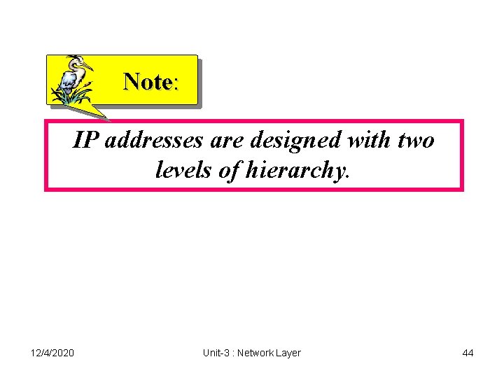 Note: IP addresses are designed with two levels of hierarchy. 12/4/2020 Unit-3 : Network Note: IP addresses are designed with two levels of hierarchy. 12/4/2020 Unit-3 : Network