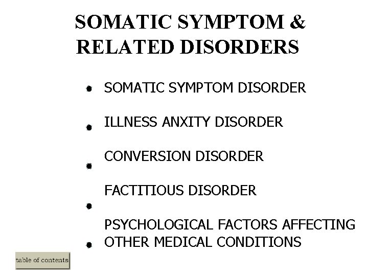 SOMATIC SYMPTOM & RELATED DISORDERS SOMATIC SYMPTOM DISORDER ILLNESS ANXITY DISORDER CONVERSION DISORDER FACTITIOUS SOMATIC SYMPTOM & RELATED DISORDERS SOMATIC SYMPTOM DISORDER ILLNESS ANXITY DISORDER CONVERSION DISORDER FACTITIOUS