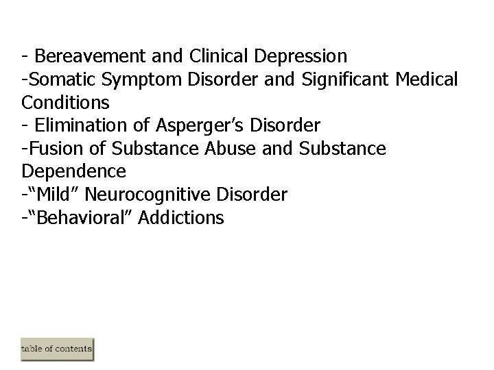 - Bereavement and Clinical Depression -Somatic Symptom Disorder and Significant Medical Conditions - Elimination - Bereavement and Clinical Depression -Somatic Symptom Disorder and Significant Medical Conditions - Elimination