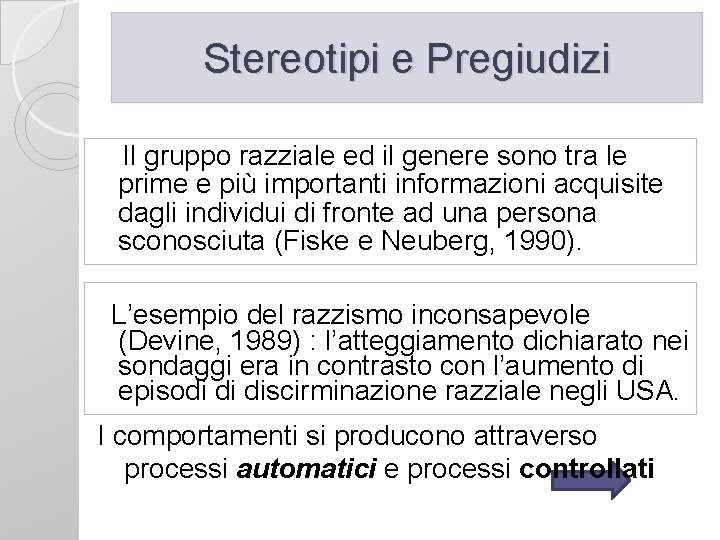 Stereotipi e Pregiudizi Il gruppo razziale ed il genere sono tra le prime e