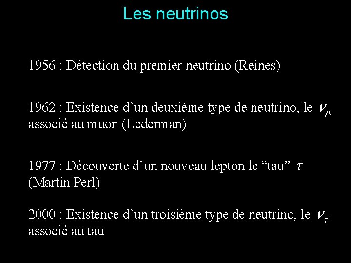 Les neutrinos 1956 : Détection du premier neutrino (Reines) 1962 : Existence d’un deuxième