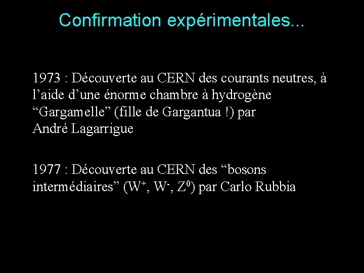 Confirmation expérimentales. . . 1973 : Découverte au CERN des courants neutres, à l’aide