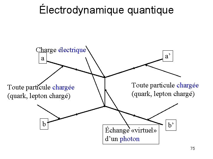 Électrodynamique quantique Charge électrique a Toute particule chargée (quark, lepton chargé) b a’ Toute