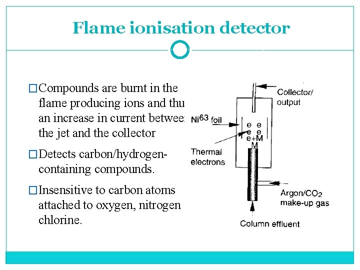 Flame ionisation detector �Compounds are burnt in the flame producing ions and thus an